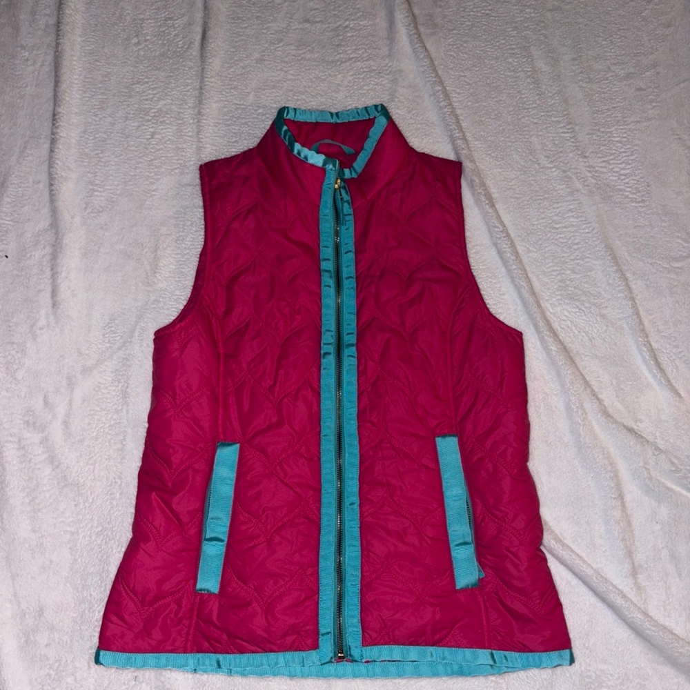 Vineyard Vines Puffer Vest Womens Medium Pink Primaloft Full Zip Blue Trim Small